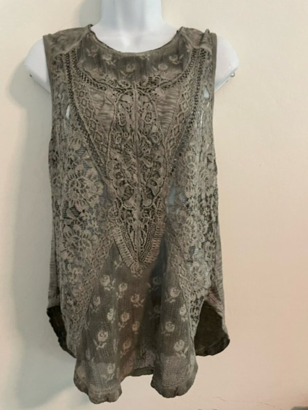 Free People Crochet  Boho Tank Top taupe Sleeveless Knit Women L